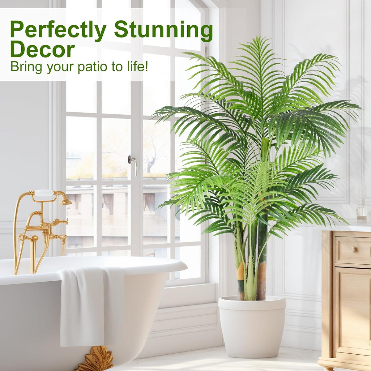 4ft Tall Triple Golden Cane Palm Artificial Tree Large Tropical Palm Tree UV Resistant Fake Plant in Pot for Indoor Outdoor Big House Living Room Outside Patio Office Home Decor 1Pack