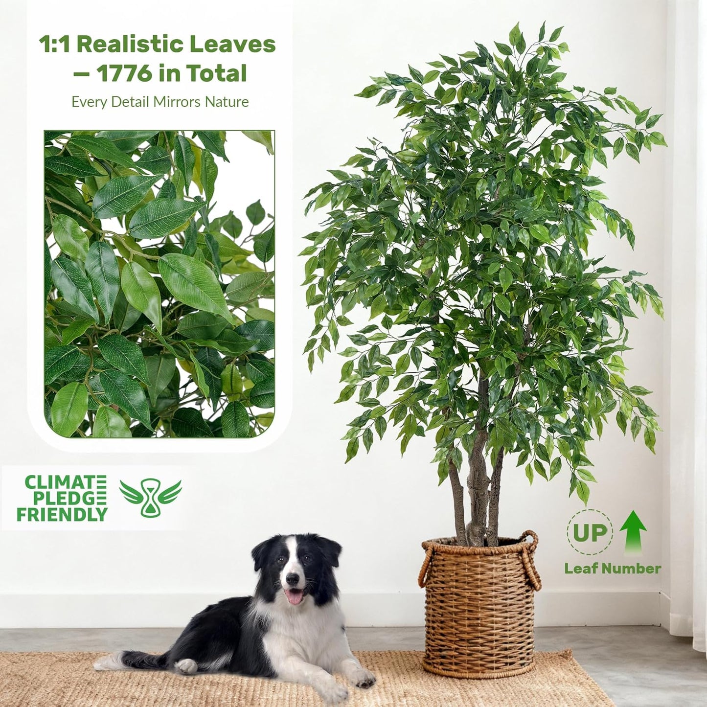 Ficus Tree Artificial with Triple Trunks, 5.5ft Fake Ficus Tree in Black Pot, Tall Artificial Tree Potted Plant for Indoor Outdoor Home Office Living Room Patio Bedroom Decor