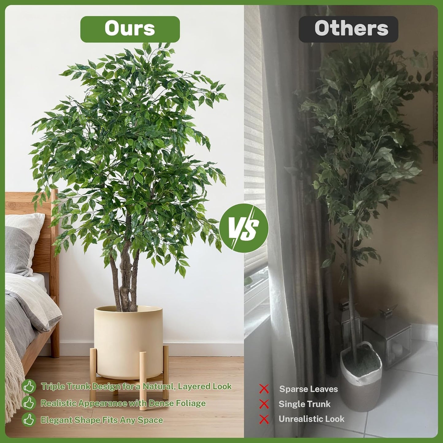Ficus Tree Artificial with Triple Trunks, 5.5ft Fake Ficus Tree in Black Pot, Tall Artificial Tree Potted Plant for Indoor Outdoor Home Office Living Room Patio Bedroom Decor