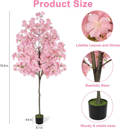 6Ft Tall Cherry Blossom Artificial Tree, Fake Tree Faux Silk Plant with Plastic Nursery Pot,Artificial Plants for Home Office Indoor Decor(Pink)