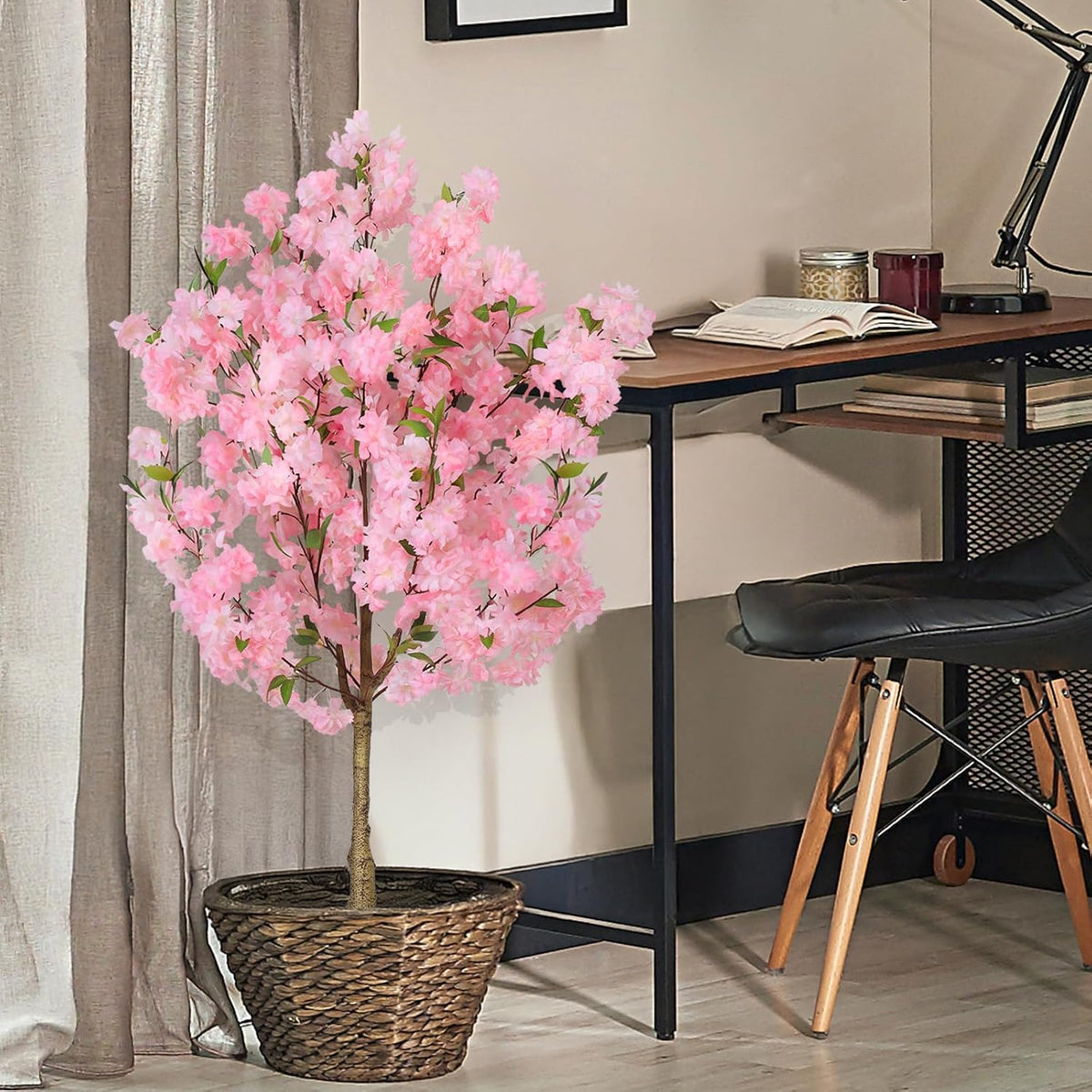 6Ft Tall Cherry Blossom Artificial Tree, Fake Tree Faux Silk Plant with Plastic Nursery Pot,Artificial Plants for Home Office Indoor Decor(Pink)