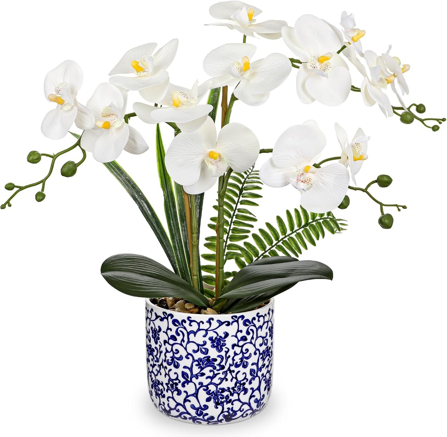 Orchid Artificial Flowers 19.6in White Orchid Silk Floral Arrangement with Blue and White Ceramic Pot Fake Orchid Plant for Home Office Dining Room Table Centerpiece Decor