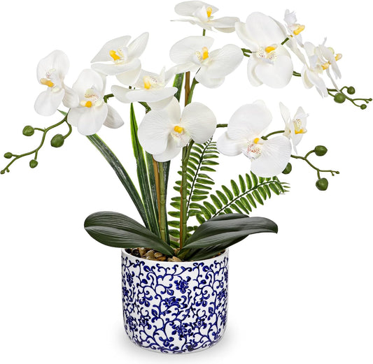 Orchid Artificial Flowers 19.6in White Orchid Silk Floral Arrangement with Blue and White Ceramic Pot Fake Orchid Plant for Home Office Dining Room Table Centerpiece Decor