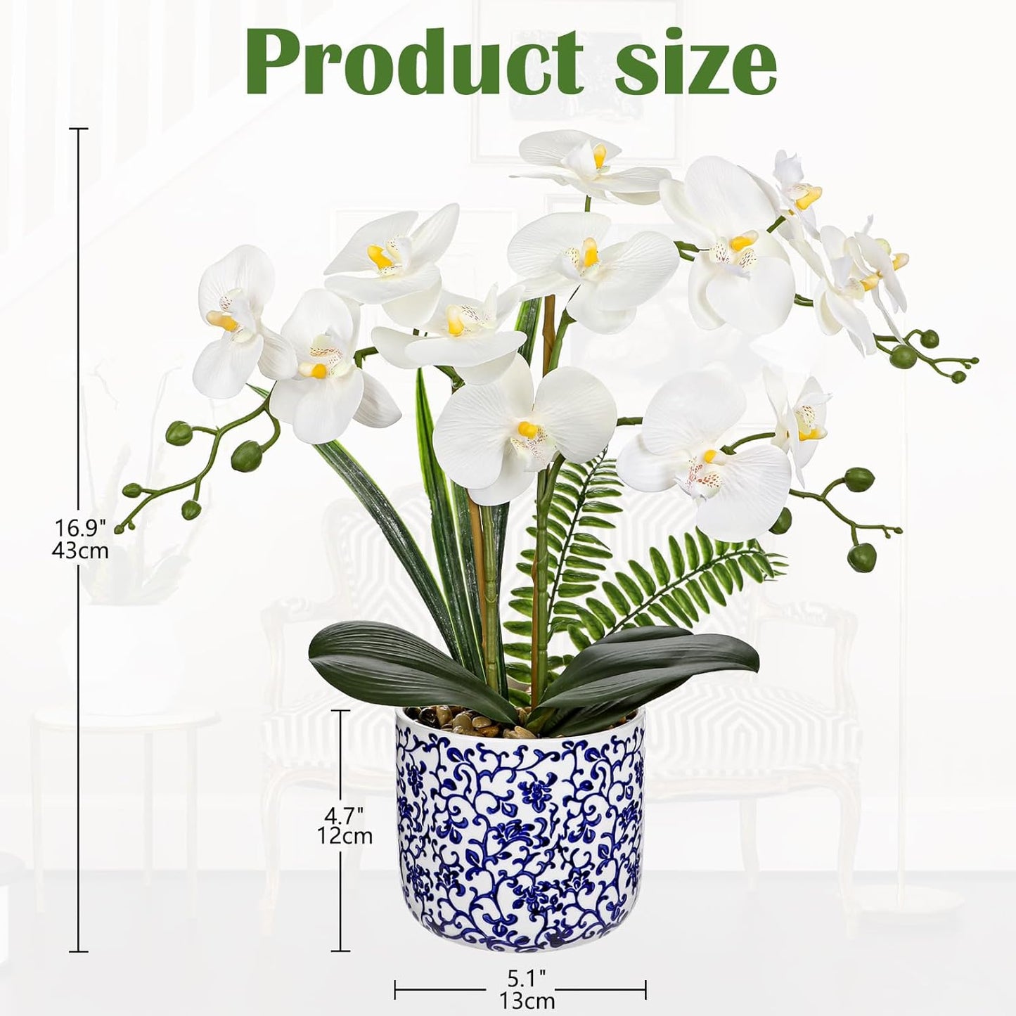 Orchid Artificial Flowers 19.6in White Orchid Silk Floral Arrangement with Blue and White Ceramic Pot Fake Orchid Plant for Home Office Dining Room Table Centerpiece Decor