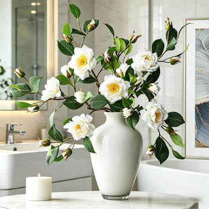 Artificial Fake Camellia Flowers Stems for Vase Decoration Faux Silk White Camellia Realistic for Indoor Living Room Bathroom Dining Room
