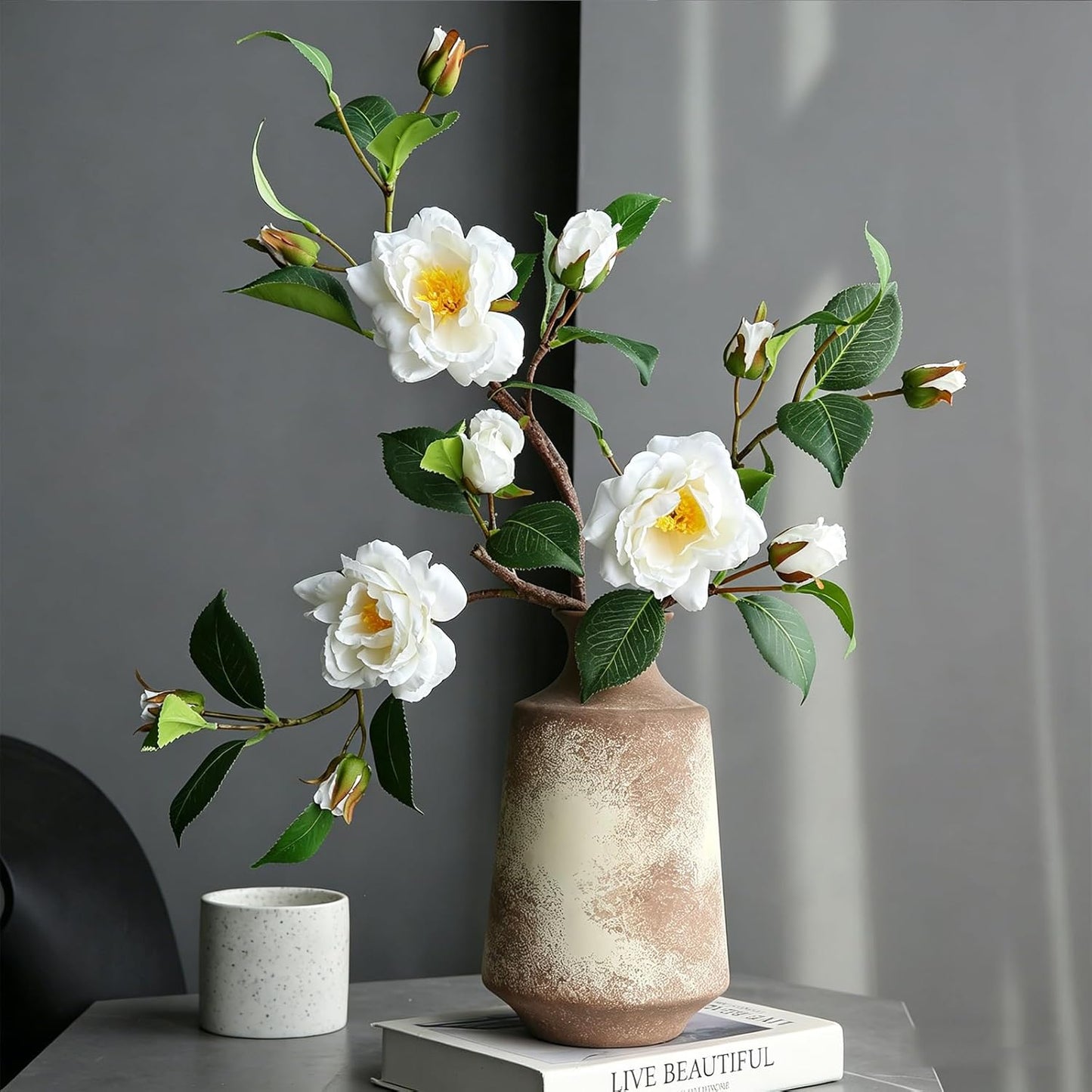 Artificial Fake Camellia Flowers Stems for Vase Decoration Faux Silk White Camellia Realistic for Indoor Living Room Bathroom Dining Room