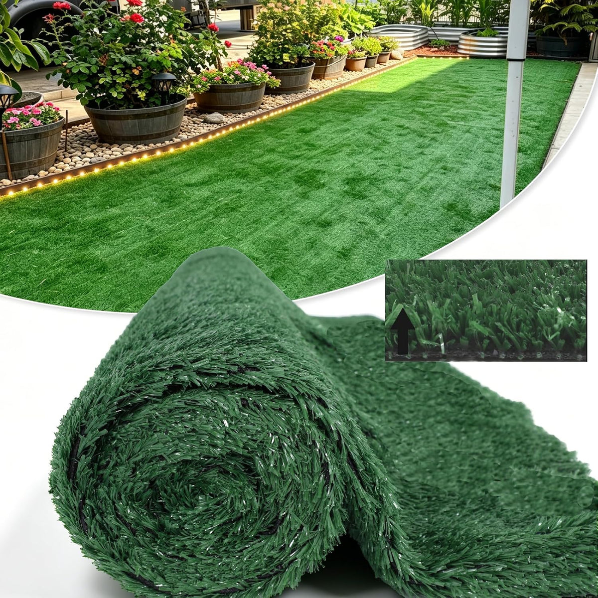 3x24 FT Artificial Grass Rug, 15mm Pile Height, Vintage Green