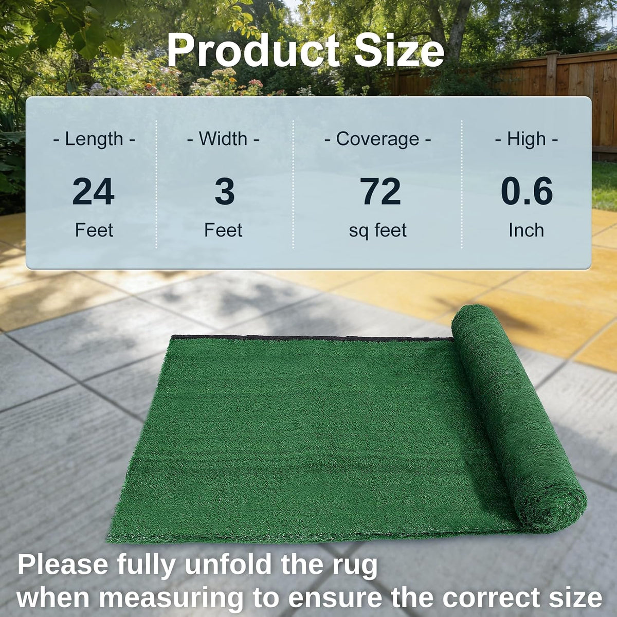 3x24 FT Artificial Grass Rug, 15mm Pile Height, Vintage Green