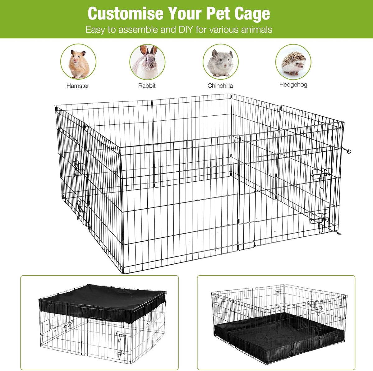Rabbit Pet Playpen Guinea Pig Cage with Waterproof PVC Bottom Liner, Triple Fixing Cage for Rabbit, Guinea Pigs, Bunny, Hedgehog, Small Animal Indoor Playpen, 48''L x 48''W x 24''H