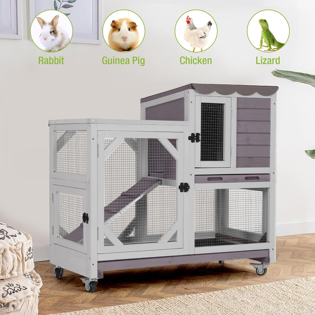 Rabbit Pet Playpen Guinea Pig Cage with Waterproof PVC Bottom Liner, Triple Fixing Cage for Rabbit, Guinea Pigs, Bunny, Hedgehog, Small Animal Indoor Playpen, 48''L x 48''W x 24''H
