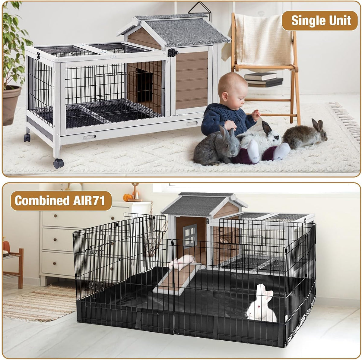 Rabbit Pet Playpen Guinea Pig Cage with Waterproof PVC Bottom Liner, Triple Fixing Cage for Rabbit, Guinea Pigs, Bunny, Hedgehog, Small Animal Indoor Playpen, 48''L x 48''W x 24''H