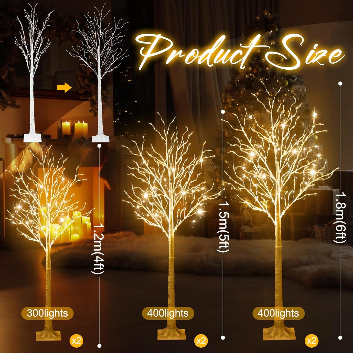 6 Pcs Lighted Birch Tree 8 Modes Christmas Artificial LED Lights Birch Tree for Indoor and Outdoor Home Decor Thanksgiving Christmas Holiday Decoration (4ft 5ft 6ft,Warm White)
