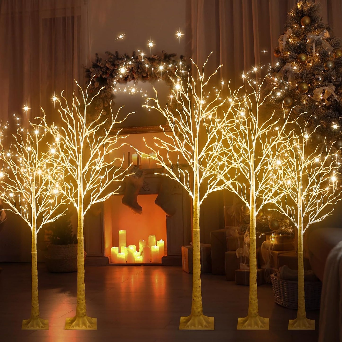 6 Pcs Lighted Birch Tree 8 Modes Christmas Artificial LED Lights Birch Tree for Indoor and Outdoor Home Decor Thanksgiving Christmas Holiday Decoration (4ft 5ft 6ft,Warm White)
