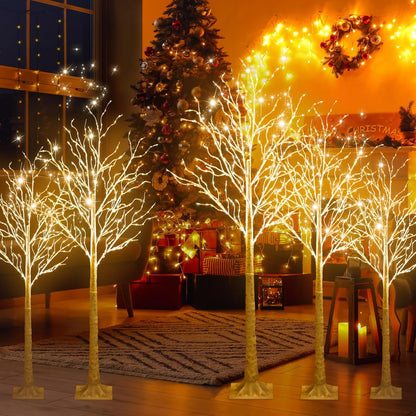 6 Pcs Lighted Birch Tree 8 Modes Christmas Artificial LED Lights Birch Tree for Indoor and Outdoor Home Decor Thanksgiving Christmas Holiday Decoration (4ft 5ft 6ft,Warm White)