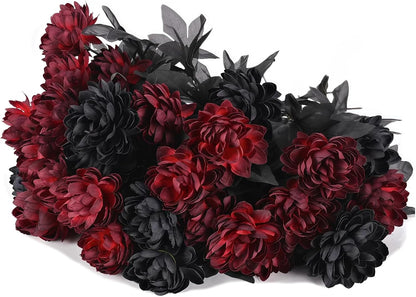Halloween Black Burgundy Artificial Flowers Bouquet with Bat Accents