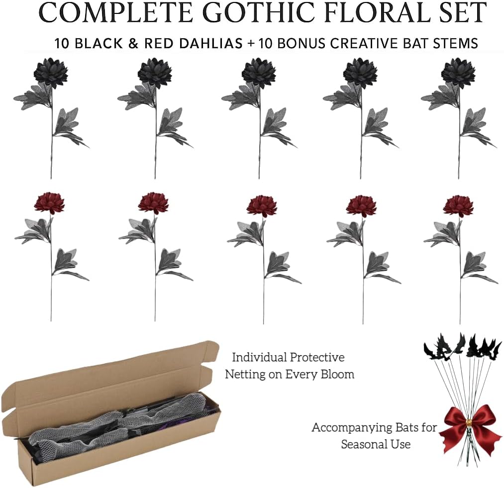 Halloween Black Burgundy Artificial Flowers Bouquet with Bat Accents