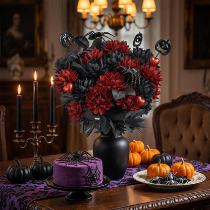 Halloween Black Burgundy Artificial Flowers Bouquet with Bat Accents