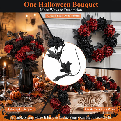 Halloween Black Burgundy Artificial Flowers Bouquet with Bat Accents