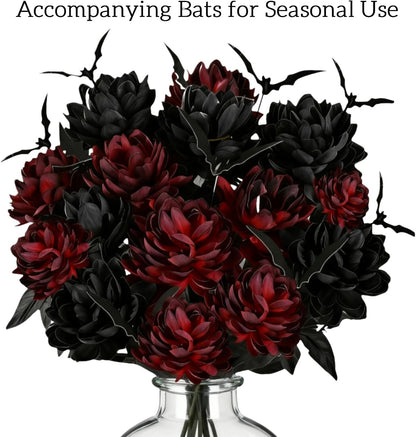 Halloween Black Burgundy Artificial Flowers Bouquet with Bat Accents