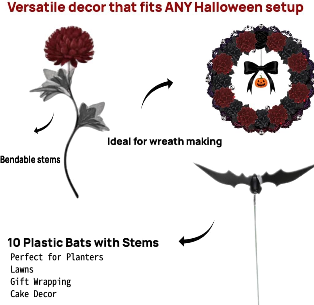 Halloween Black Burgundy Artificial Flowers Bouquet with Bat Accents