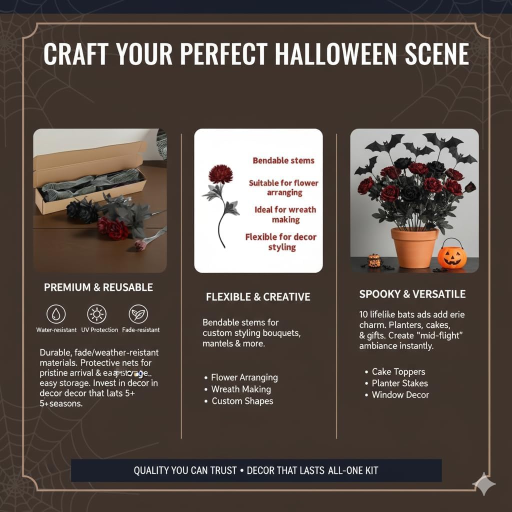 Halloween Black Burgundy Artificial Flowers Bouquet with Bat Accents