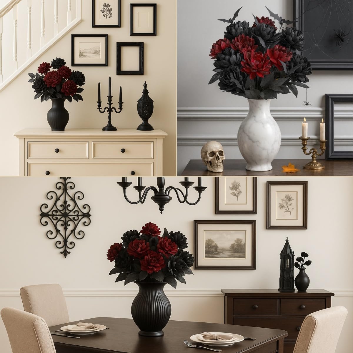 Halloween Black Burgundy Artificial Flowers Bouquet with Bat Accents