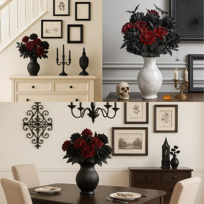 Halloween Black Burgundy Artificial Flowers Bouquet with Bat Accents
