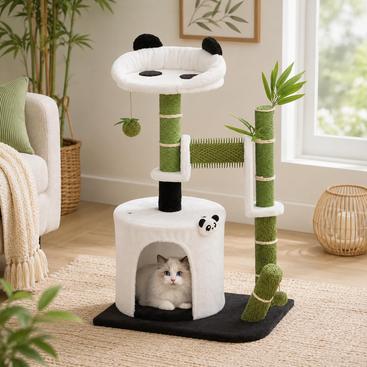 Panda Cat Tree, 30.7" Cat Tower with Self Groomer, Scratching Post, Cat Condo and Hang Ball, Bamboo Leaf Shape Design