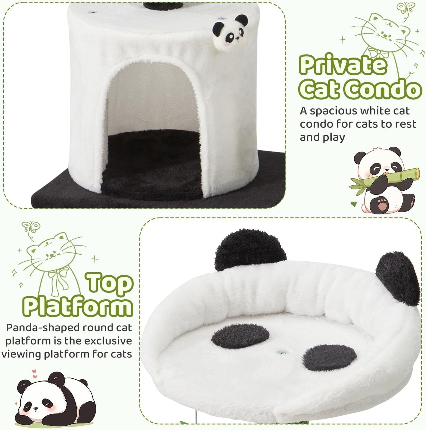 Panda Cat Tree, 30.7" Cat Tower with Self Groomer, Scratching Post, Cat Condo and Hang Ball, Bamboo Leaf Shape Design