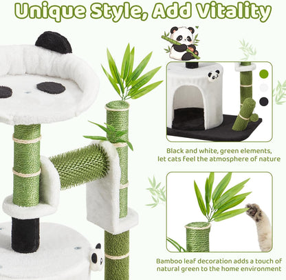 Panda Cat Tree, 30.7" Cat Tower with Self Groomer, Scratching Post, Cat Condo and Hang Ball, Bamboo Leaf Shape Design