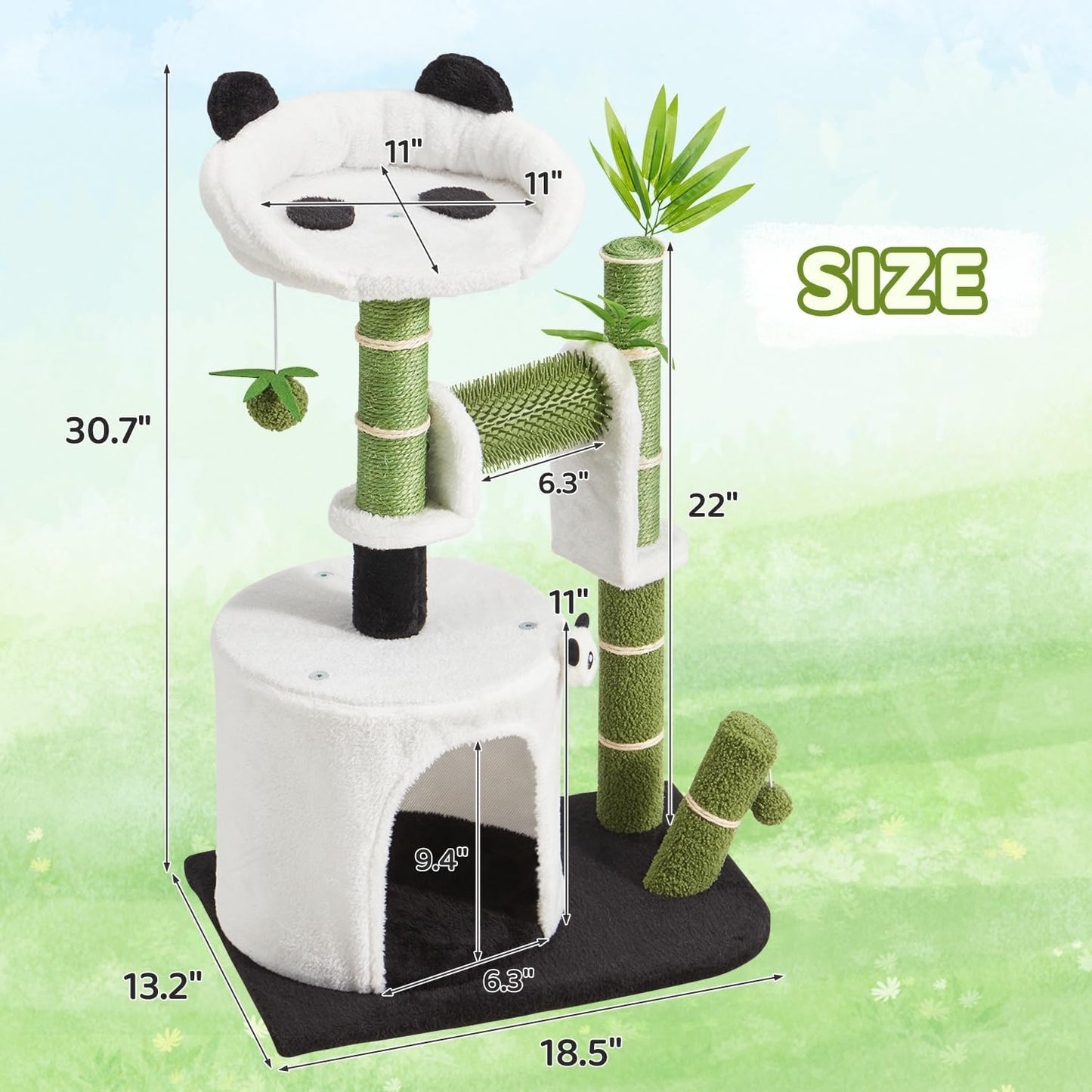 Panda Cat Tree, 30.7" Cat Tower with Self Groomer, Scratching Post, Cat Condo and Hang Ball, Bamboo Leaf Shape Design