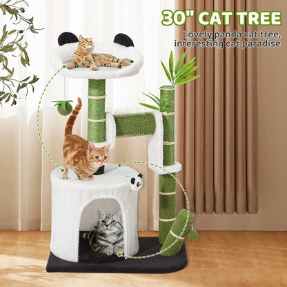 Panda Cat Tree, 30.7" Cat Tower with Self Groomer, Scratching Post, Cat Condo and Hang Ball, Bamboo Leaf Shape Design