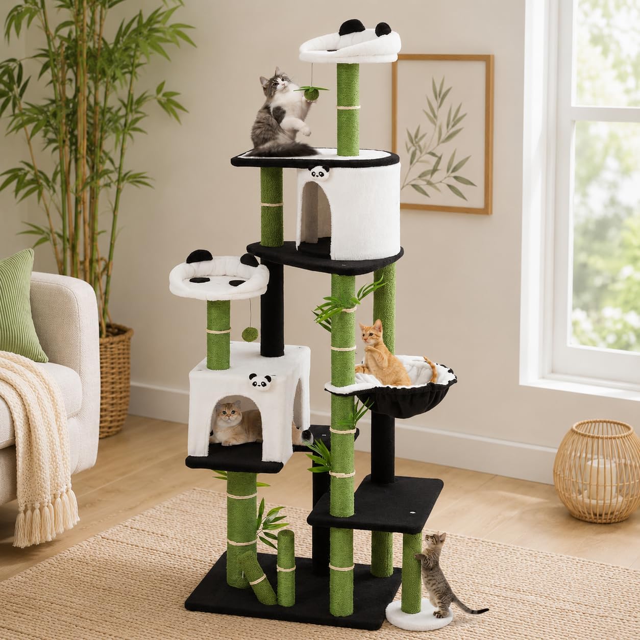 Panda Cat Tree, 30.7" Cat Tower with Self Groomer, Scratching Post, Cat Condo and Hang Ball, Bamboo Leaf Shape Design