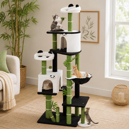 Panda Cat Tree, 30.7" Cat Tower with Self Groomer, Scratching Post, Cat Condo and Hang Ball, Bamboo Leaf Shape Design