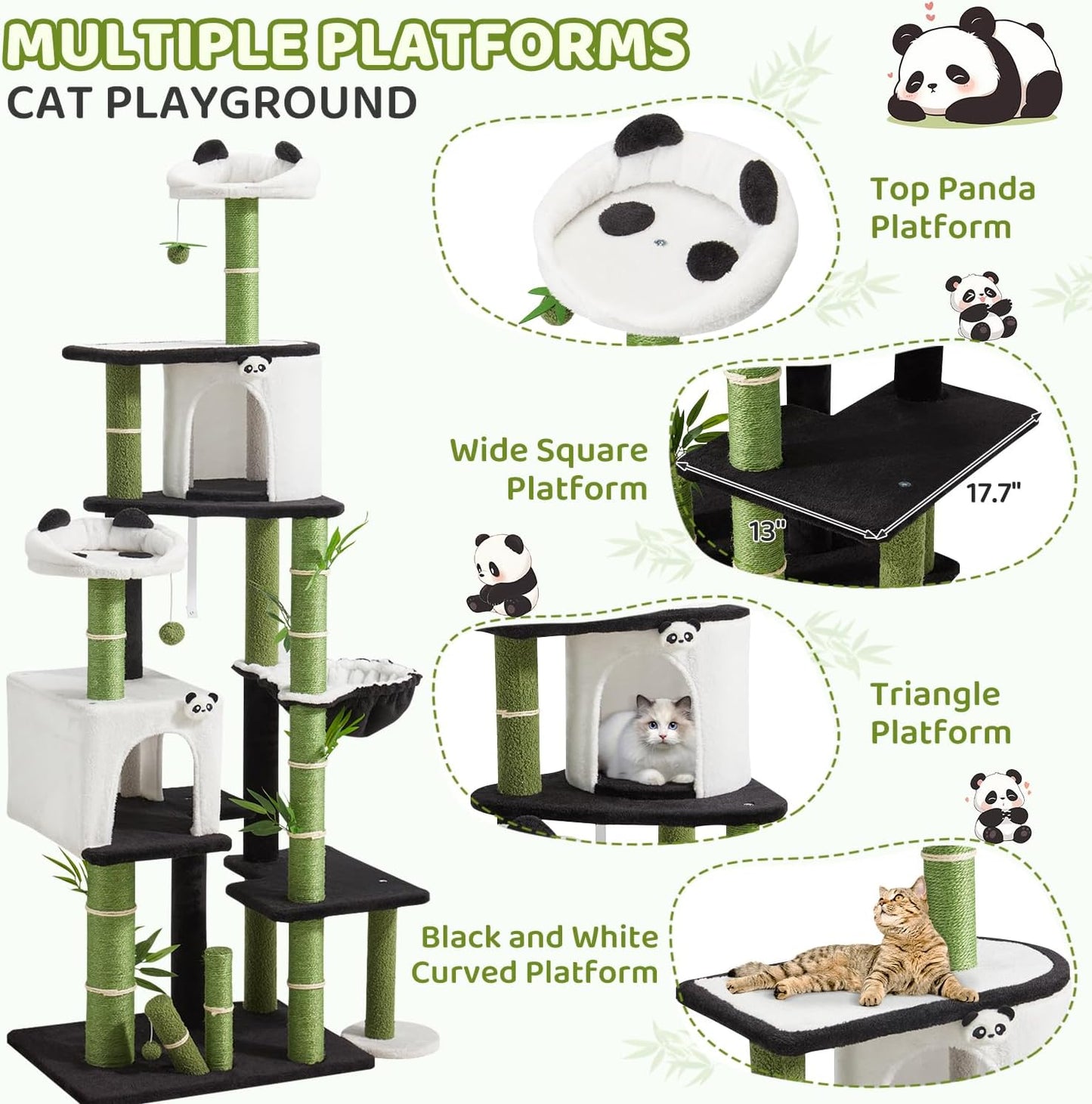 Panda Cat Tree, 30.7" Cat Tower with Self Groomer, Scratching Post, Cat Condo and Hang Ball, Bamboo Leaf Shape Design