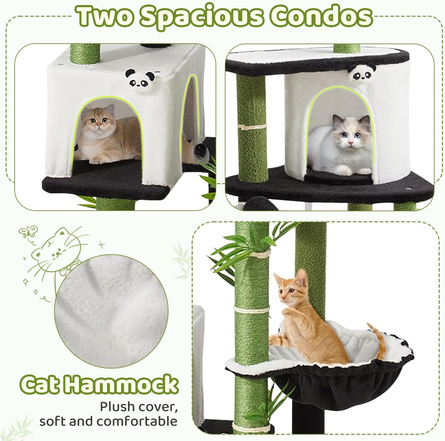 Panda Cat Tree, 30.7" Cat Tower with Self Groomer, Scratching Post, Cat Condo and Hang Ball, Bamboo Leaf Shape Design