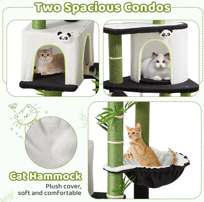 Panda Cat Tree, 30.7" Cat Tower with Self Groomer, Scratching Post, Cat Condo and Hang Ball, Bamboo Leaf Shape Design