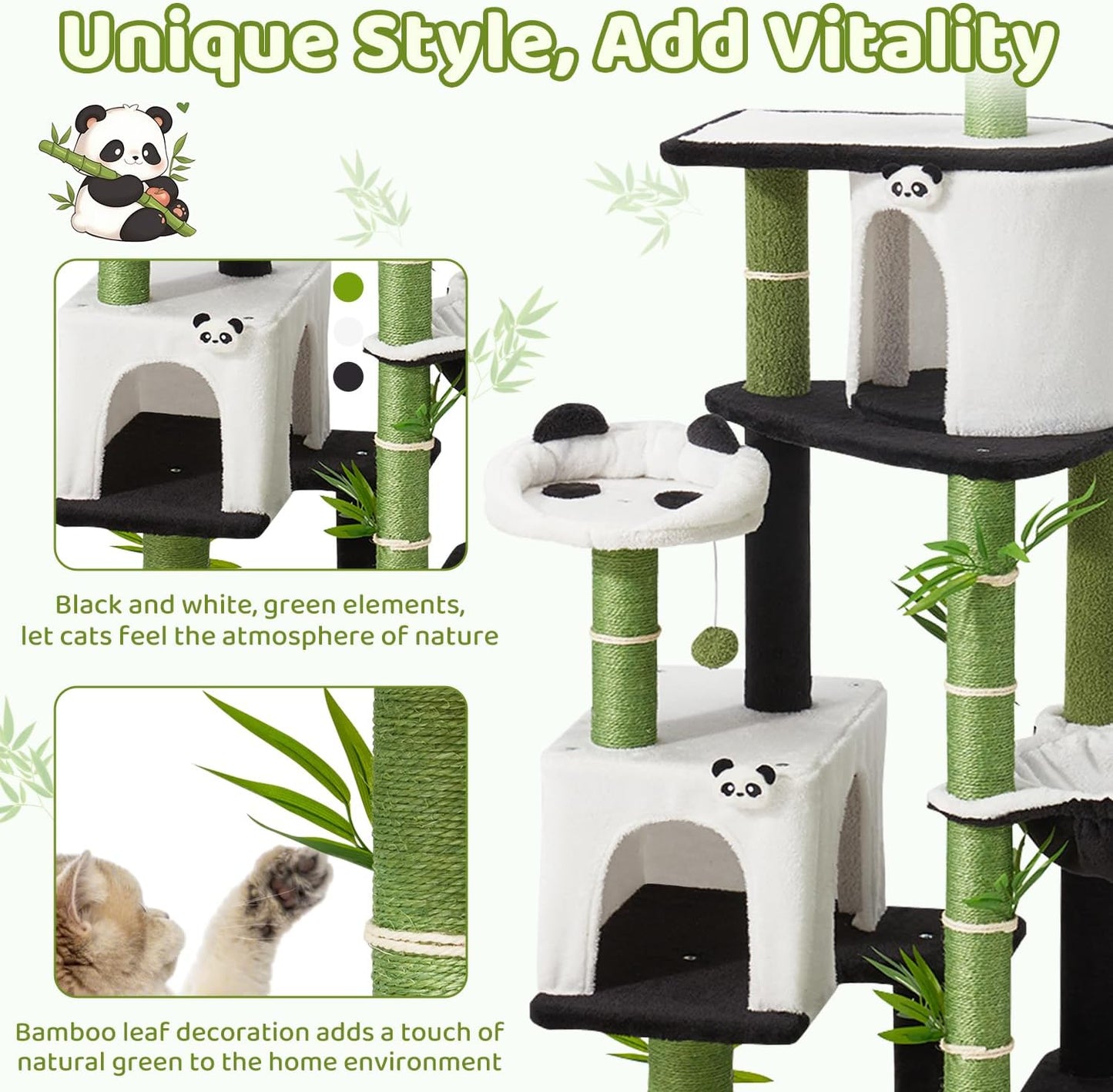 Panda Cat Tree, 30.7" Cat Tower with Self Groomer, Scratching Post, Cat Condo and Hang Ball, Bamboo Leaf Shape Design