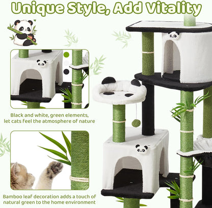 Panda Cat Tree, 30.7" Cat Tower with Self Groomer, Scratching Post, Cat Condo and Hang Ball, Bamboo Leaf Shape Design
