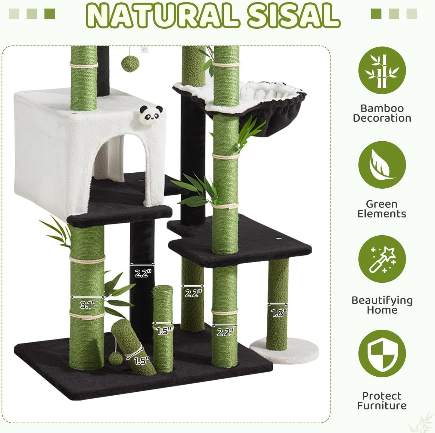 Panda Cat Tree, 30.7" Cat Tower with Self Groomer, Scratching Post, Cat Condo and Hang Ball, Bamboo Leaf Shape Design