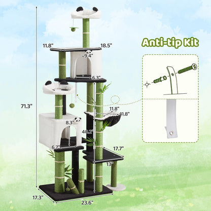 Panda Cat Tree, 30.7" Cat Tower with Self Groomer, Scratching Post, Cat Condo and Hang Ball, Bamboo Leaf Shape Design