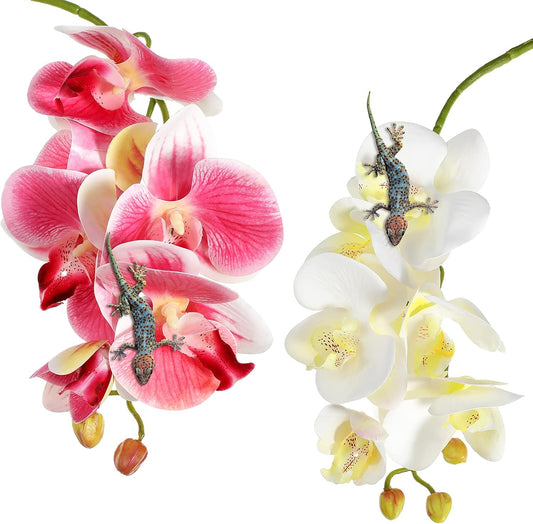 2 Pieces Artificial Phalaenopsis with Suction Cups Terrarium Plant Decoration Reptile Habitat Plant Decor for Hermit Crab Lizards Geckos Snake Reptile (Dark Pink, White Yellow)