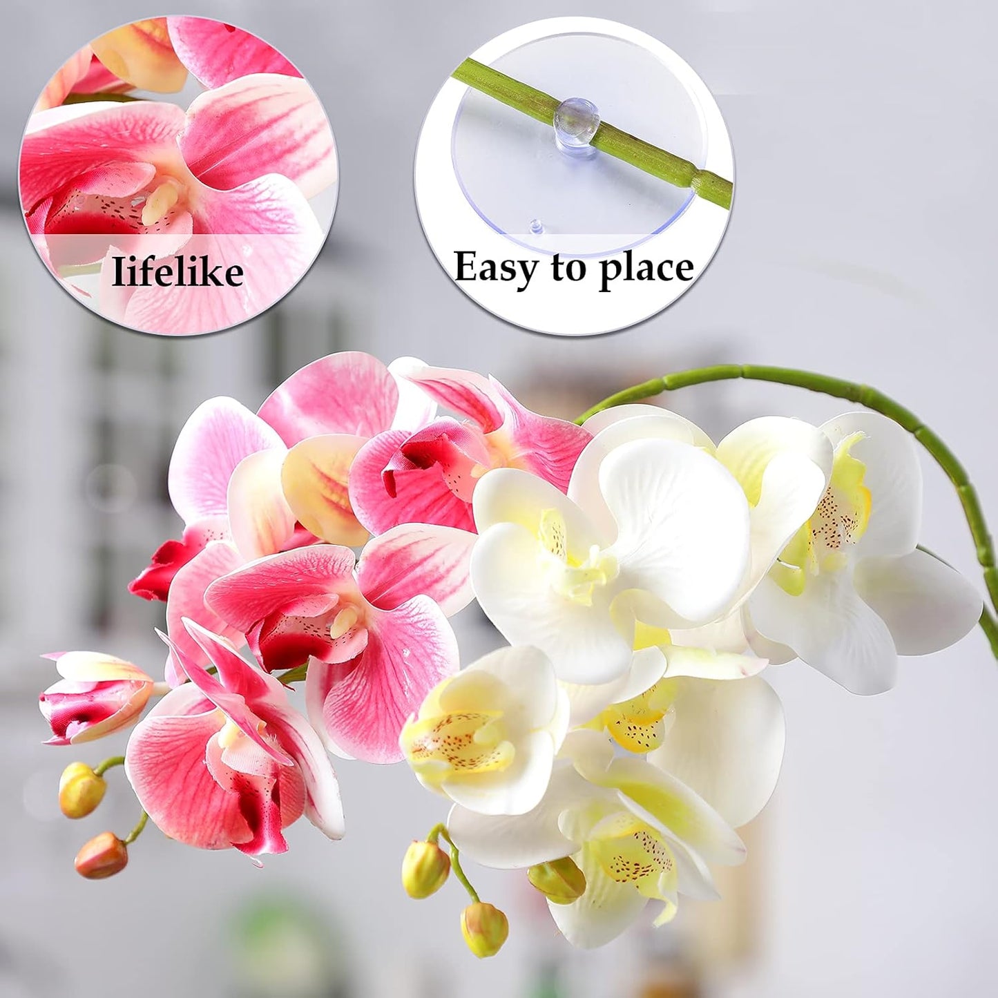 2 Pieces Artificial Phalaenopsis with Suction Cups Terrarium Plant Decoration Reptile Habitat Plant Decor for Hermit Crab Lizards Geckos Snake Reptile (Dark Pink, White Yellow)
