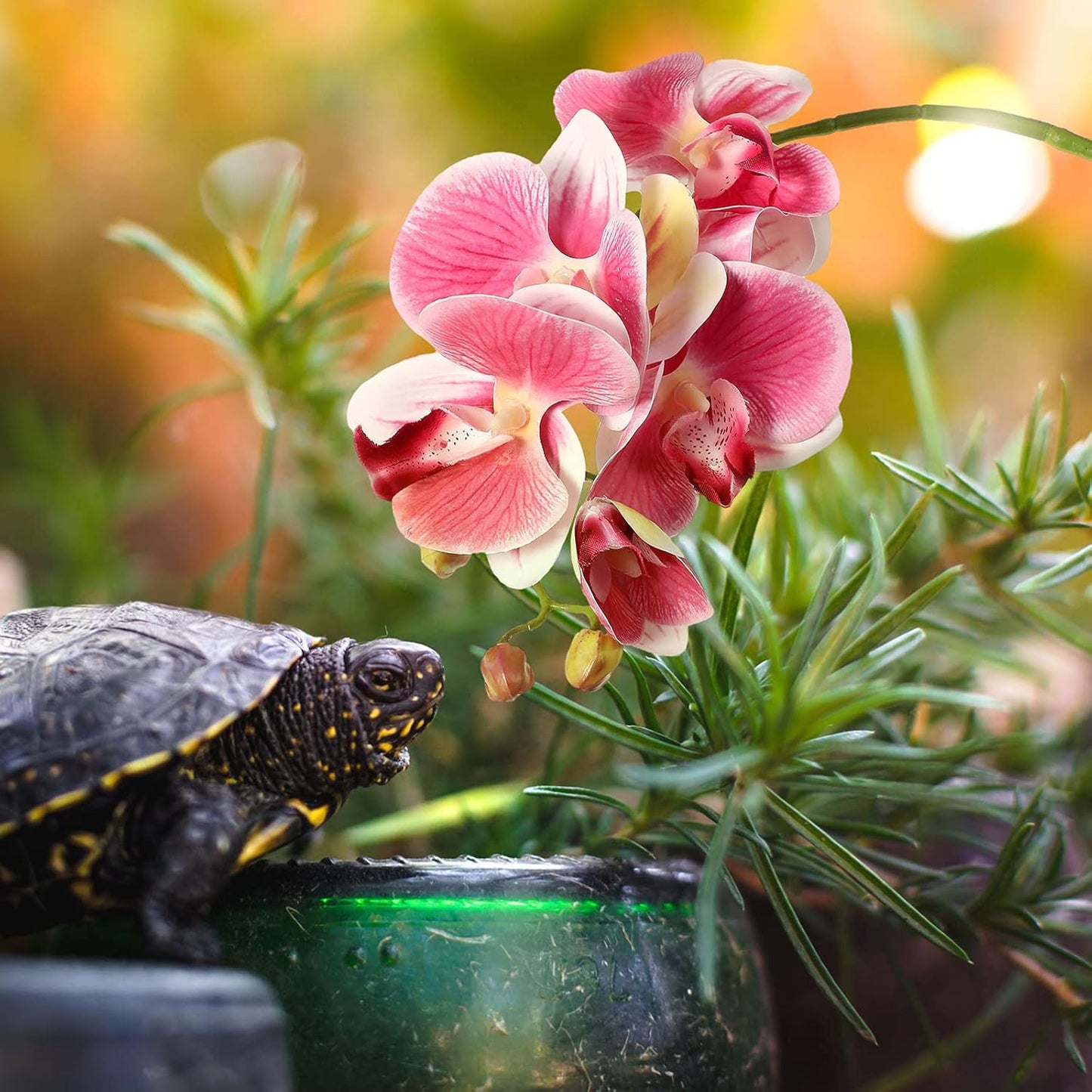 2 Pieces Artificial Phalaenopsis with Suction Cups Terrarium Plant Decoration Reptile Habitat Plant Decor for Hermit Crab Lizards Geckos Snake Reptile (Dark Pink, White Yellow)