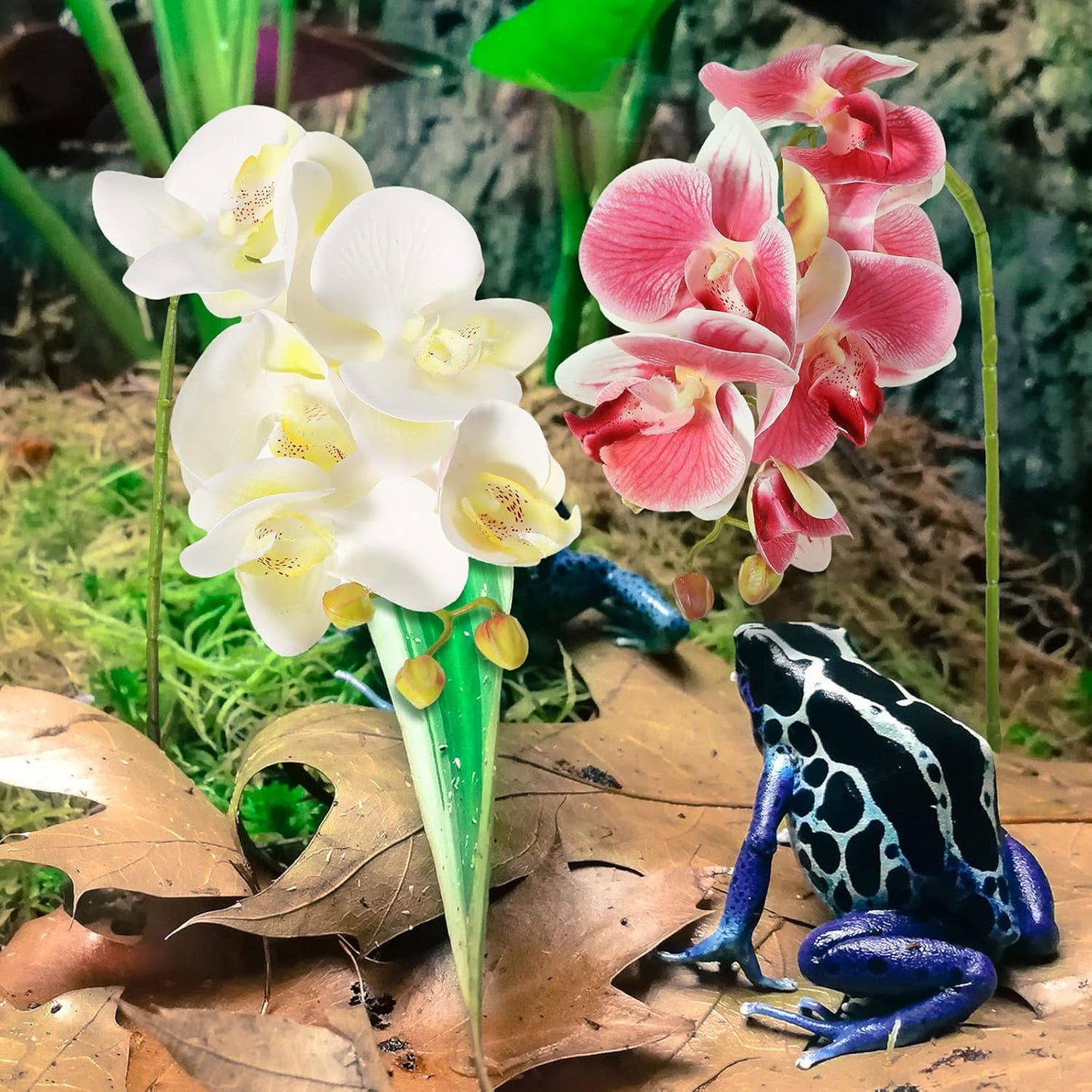 2 Pieces Artificial Phalaenopsis with Suction Cups Terrarium Plant Decoration Reptile Habitat Plant Decor for Hermit Crab Lizards Geckos Snake Reptile (Dark Pink, White Yellow)