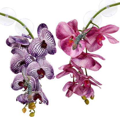 2 Pieces Artificial Phalaenopsis with Suction Cups Terrarium Plant Decoration Reptile Habitat Plant Decor for Hermit Crab Lizards Geckos Snake Reptile (Dark Pink, White Yellow)