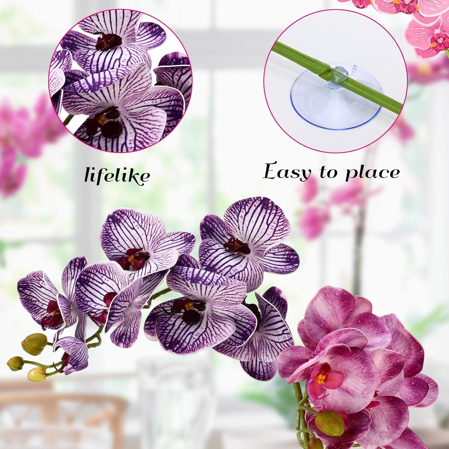 2 Pieces Artificial Phalaenopsis with Suction Cups Terrarium Plant Decoration Reptile Habitat Plant Decor for Hermit Crab Lizards Geckos Snake Reptile (Dark Pink, White Yellow)