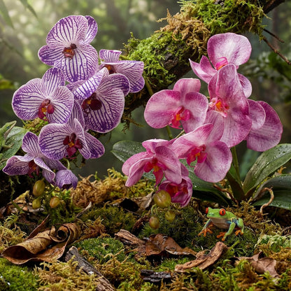 2 Pieces Artificial Phalaenopsis with Suction Cups Terrarium Plant Decoration Reptile Habitat Plant Decor for Hermit Crab Lizards Geckos Snake Reptile (Dark Pink, White Yellow)