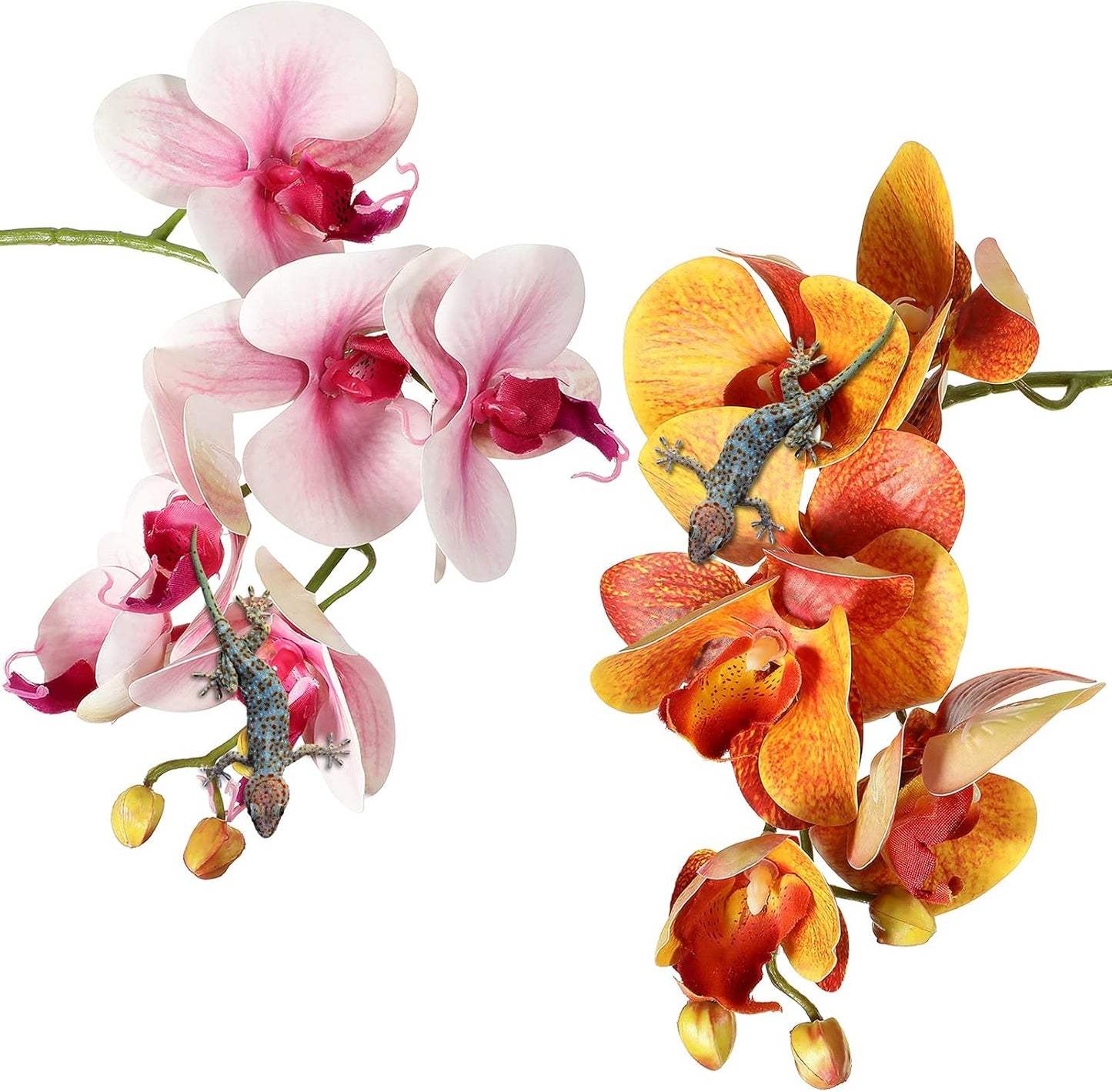 2 Pieces Artificial Phalaenopsis with Suction Cups Terrarium Plant Decoration Reptile Habitat Plant Decor for Hermit Crab Lizards Geckos Snake Reptile (Dark Pink, White Yellow)