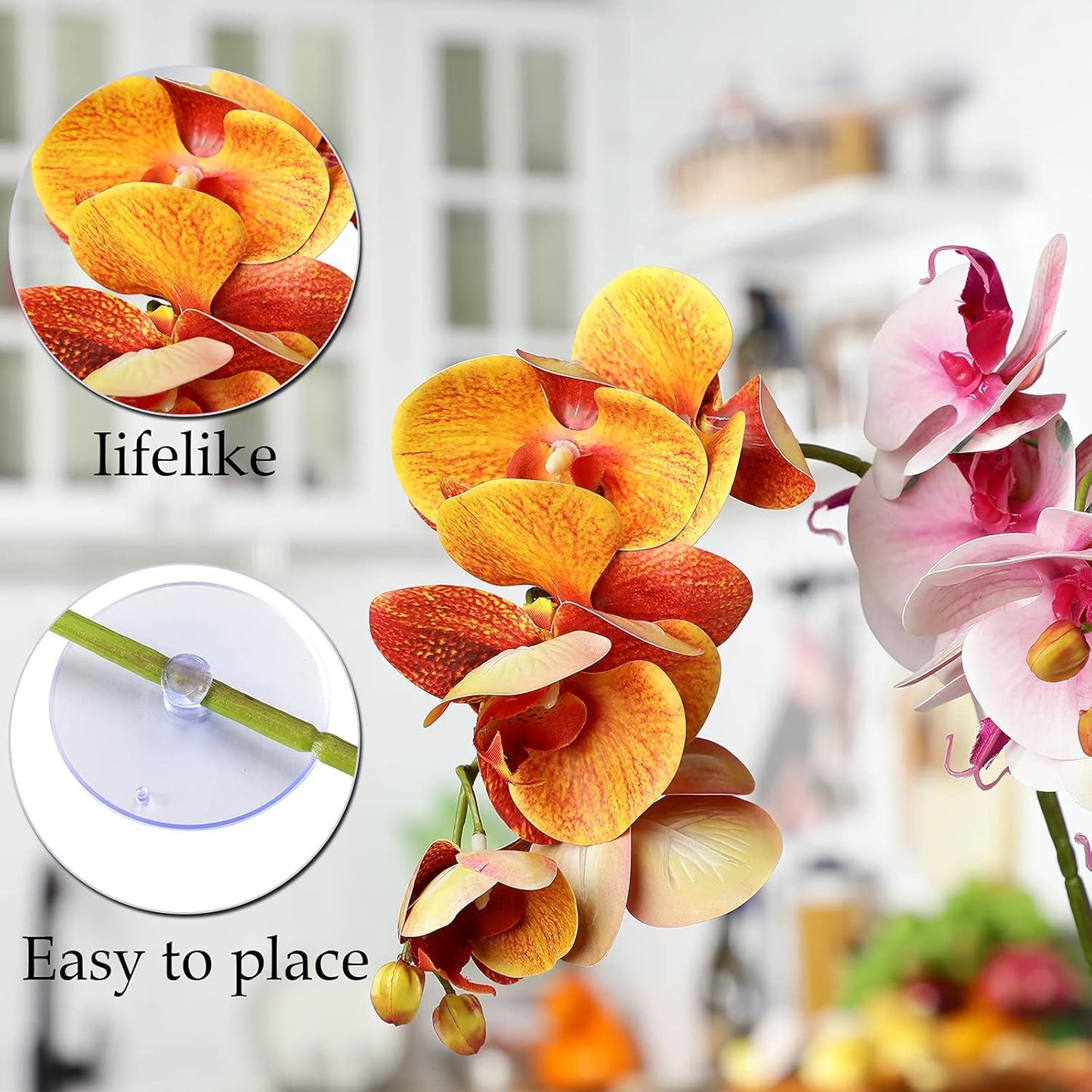 2 Pieces Artificial Phalaenopsis with Suction Cups Terrarium Plant Decoration Reptile Habitat Plant Decor for Hermit Crab Lizards Geckos Snake Reptile (Dark Pink, White Yellow)